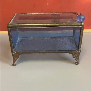 Vintage Handmade Glass and Brass Trinket Box with Blue Accents
